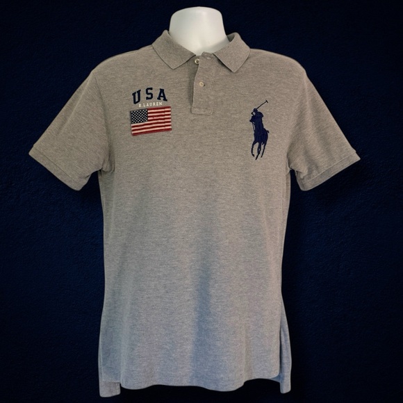 Polo Ralph Lauren Other - Polo Ralph Lauren USA Flag Polo Shirt XL Custom Fit Athletic V-Fit Gray